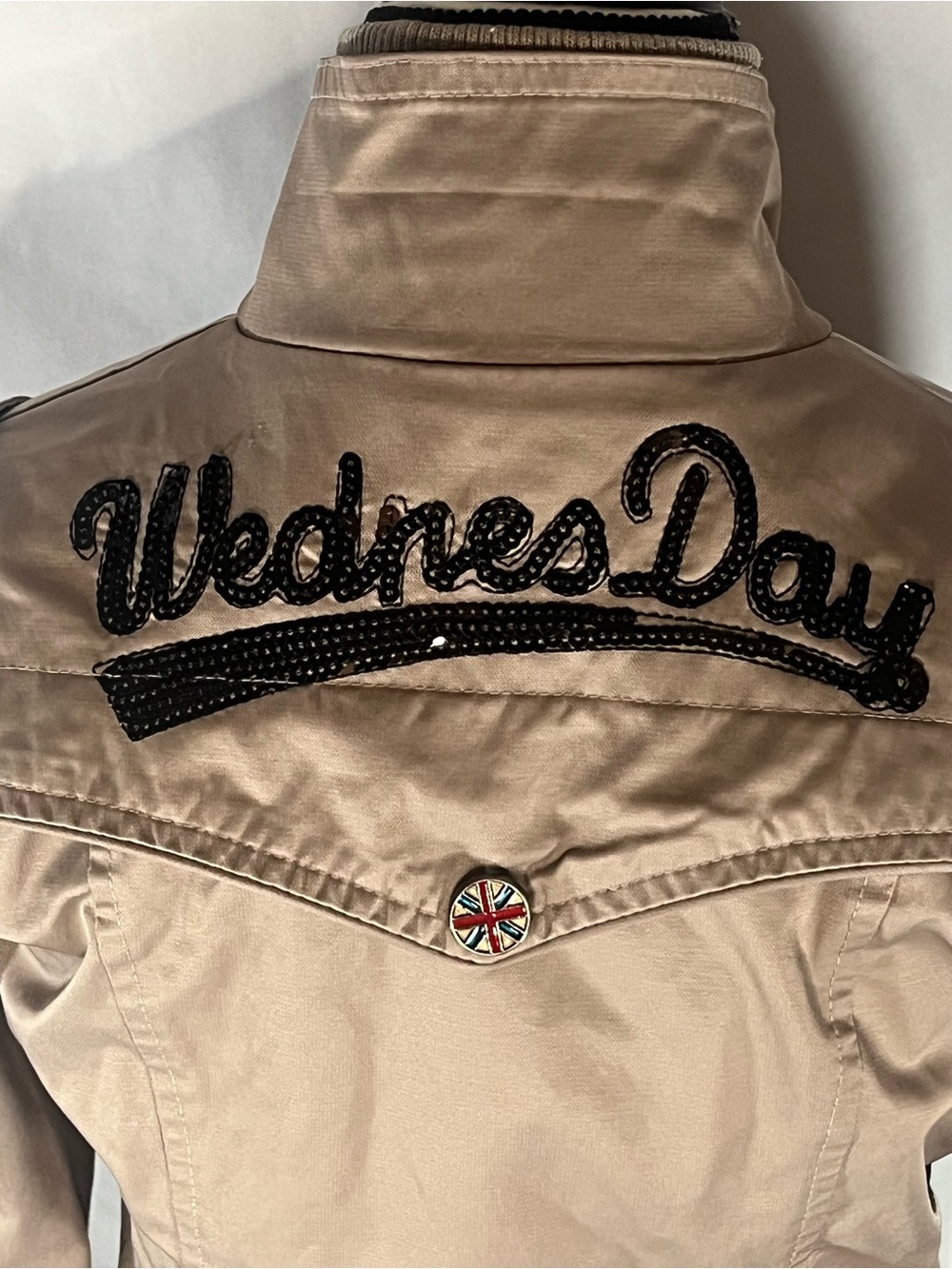 WednesDay Women’s Utility Jacket Beige British Union Jack Patch Crystal Medium